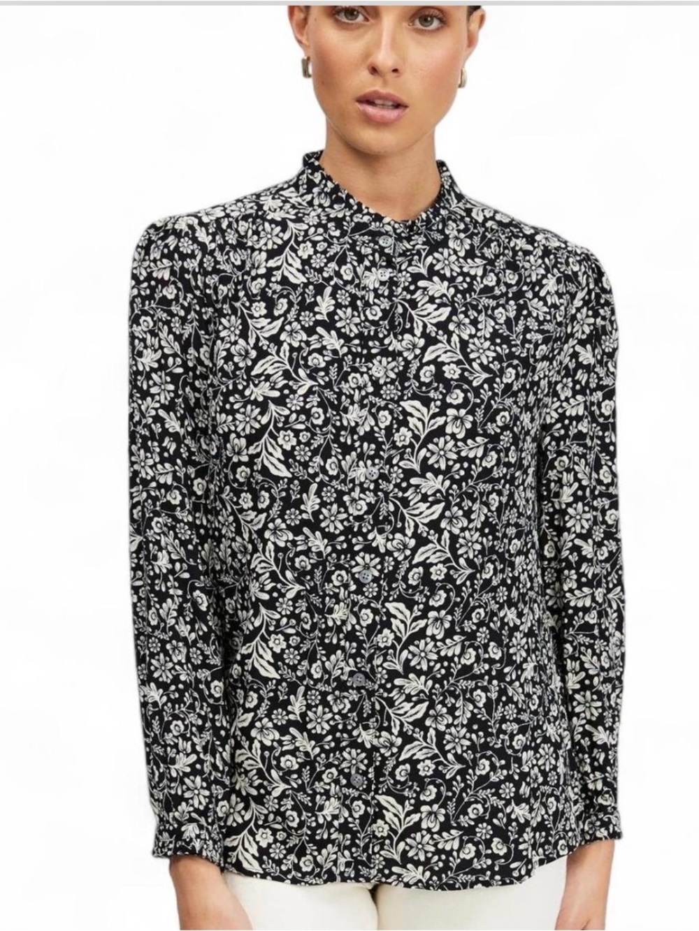 J.Crew floral long-sleeve button down shirt ruffle Collar size XS (A3)